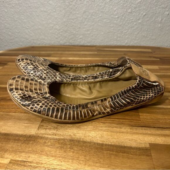 Tory Burch Eddie Snake Watersnake Veg Leather Ballet Flats Tan Brown - Picture 6 of 9